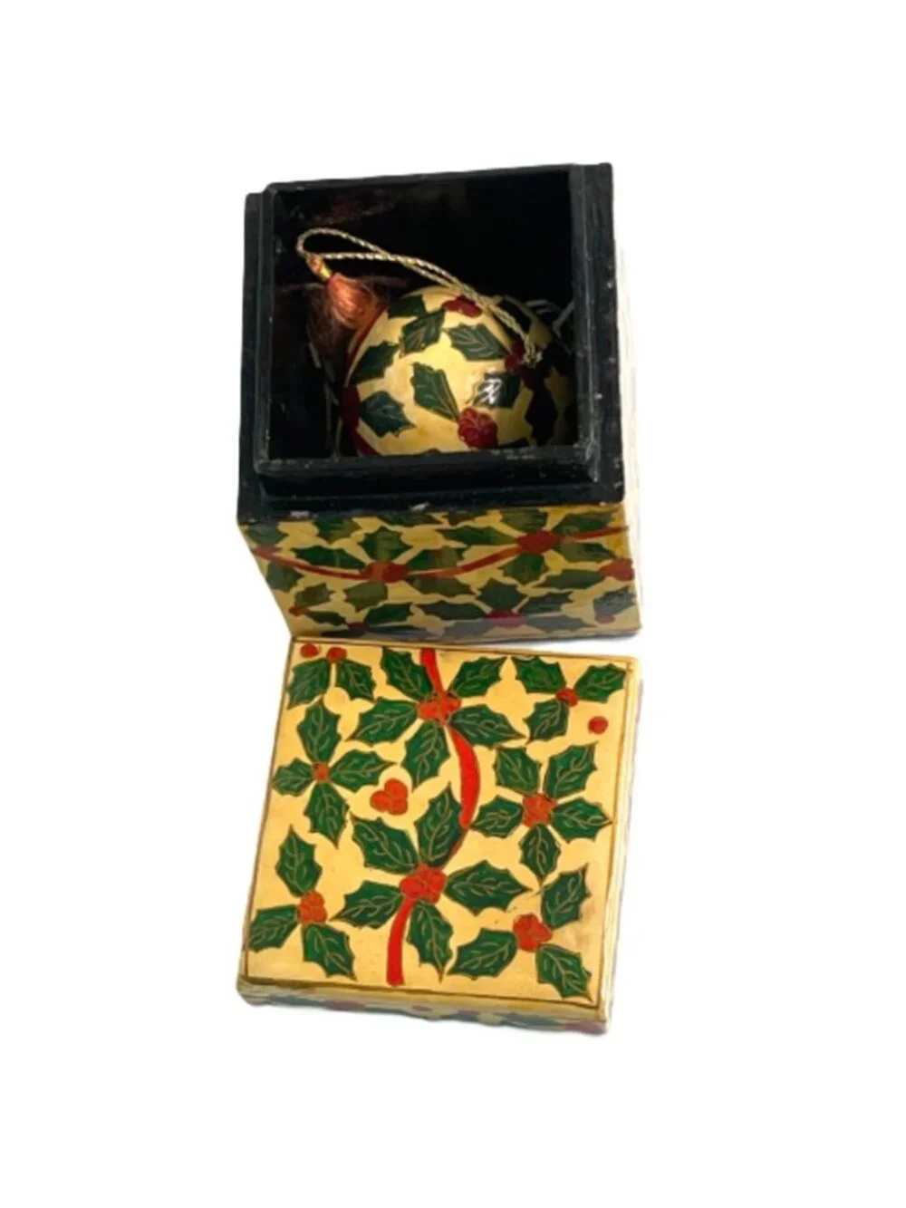 Vintage Hand Painted Wood Christmas Ornament Box Set Holy Berry Best Wishes & Co